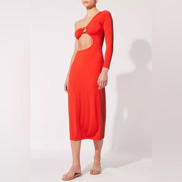 Solid‎ & Striped The Ruby Dress One Arm Cut Out Midi Length Bodycon Red Size XS - Picture 1 of 7